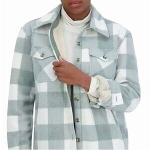SAGE Women's L Plush Shirt Jacket Green Plaid Button Up Sherpa Lined Shacket NWT